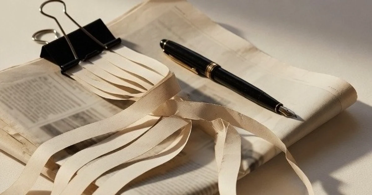 Paper ticker-tape strips gathered into a binder clip on a cream desk.