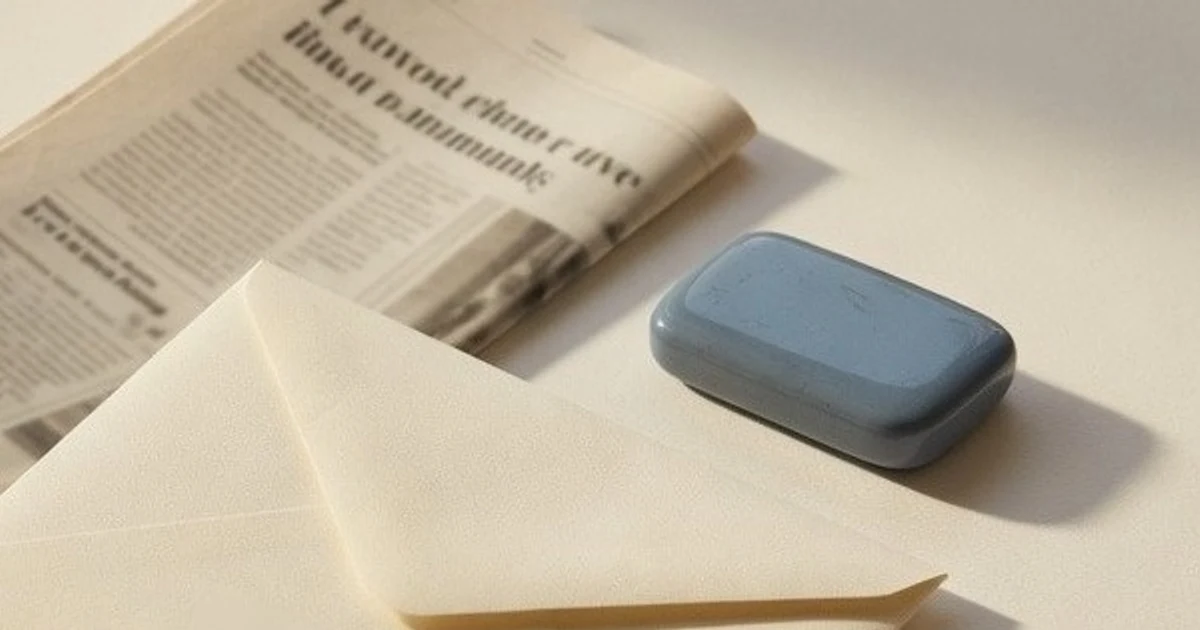 A cream paper envelope blocking a folded newspaper on a newsprint desk.